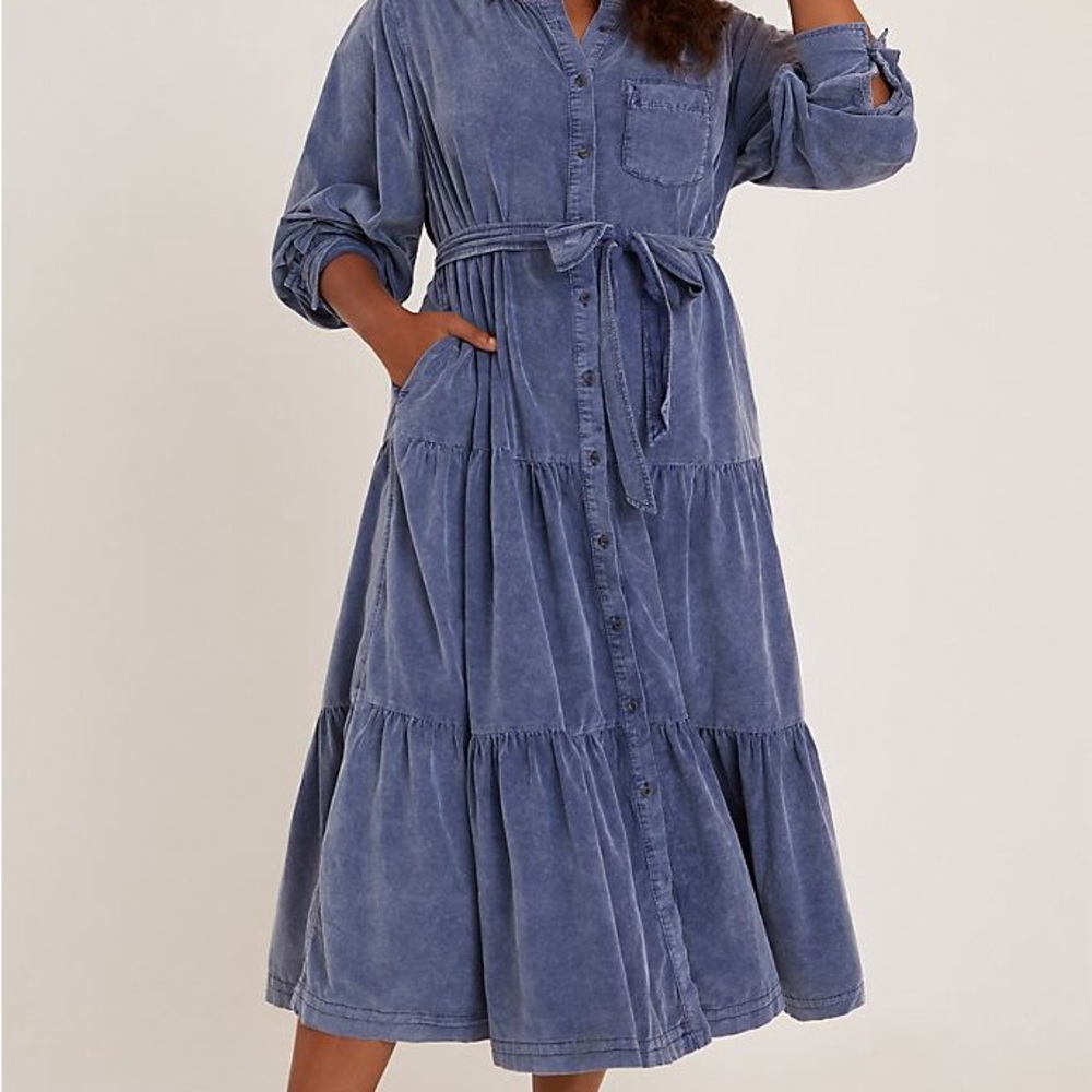 Pilcro Marta Washed Blue Button-Front Tiered Cord Midi Dress with Self-Tie Waist